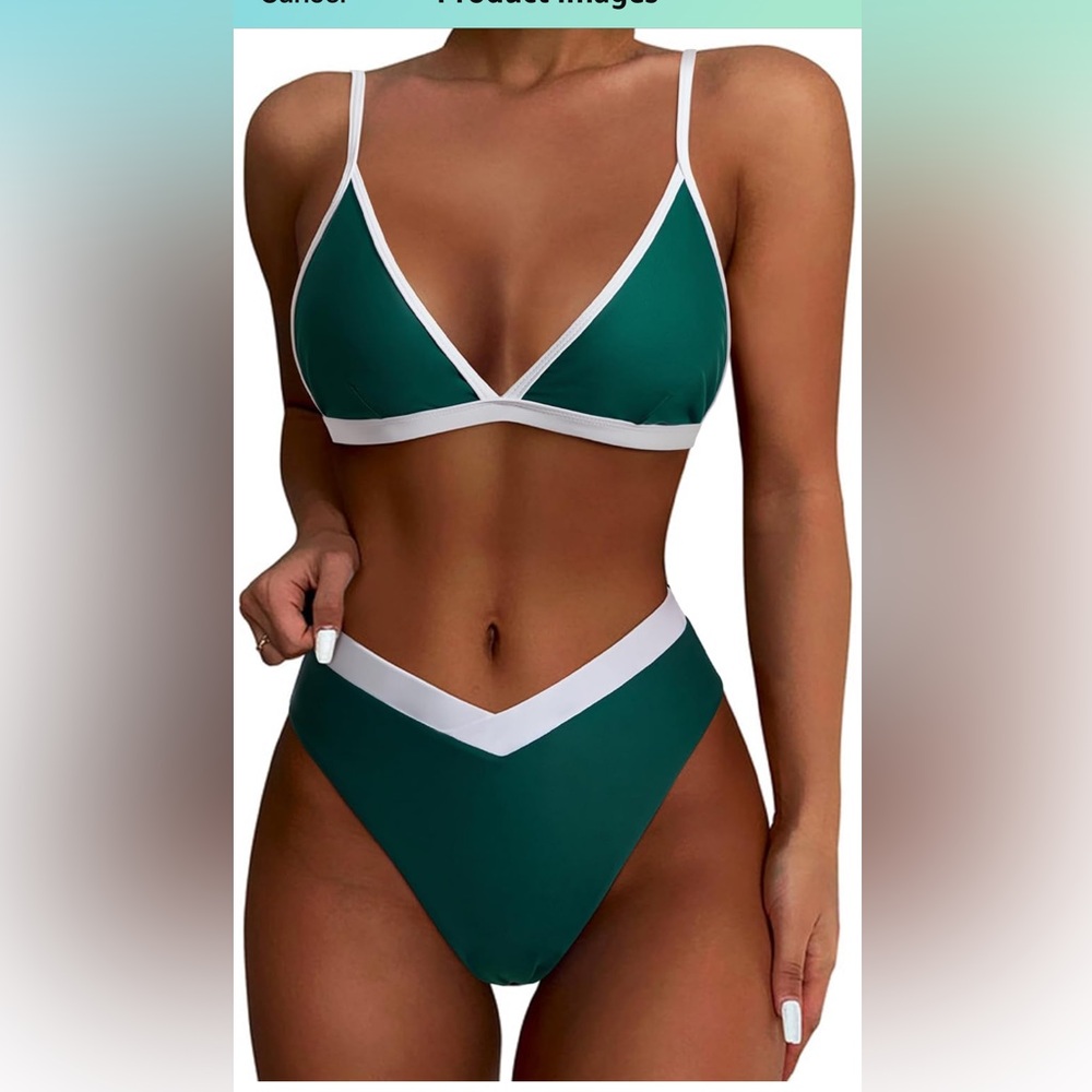Green and White Sporty Bikini with V-Neck Design